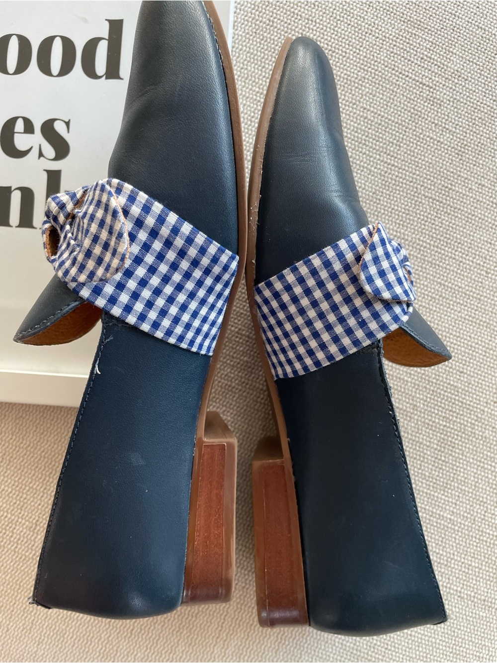 Jack Rogers Navy Leather Flats with Blue-and-White Gingham Bow - Picture 5 of 16